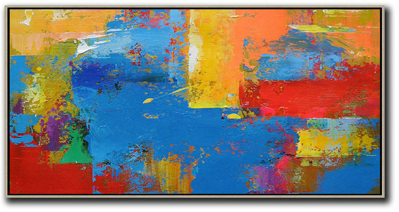 Large Modern Abstract Painting,Horizontal Palette Knife Contemporary Art Panoramic Canvas Painting,Hand Paint Large Art,Blue,Yellow,Orange,Red.Etc